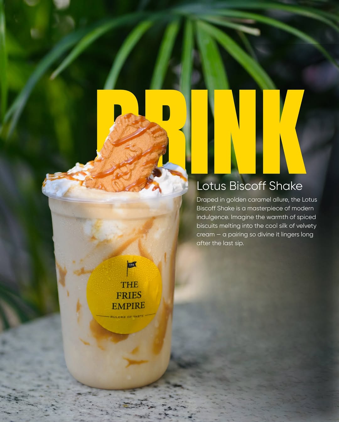 The Fries Empire Lotus Biscoff Shake, topped with a Biscoff biscuit and caramel