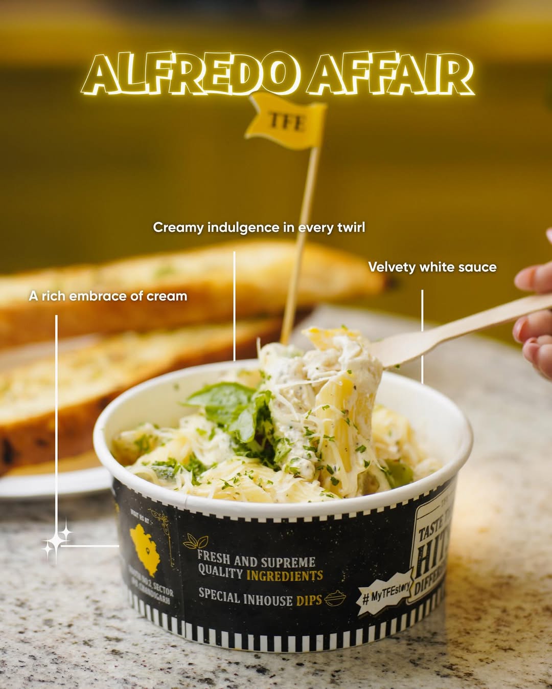 Alfredo Affair — creamy white-sauce penne in a TFE cup