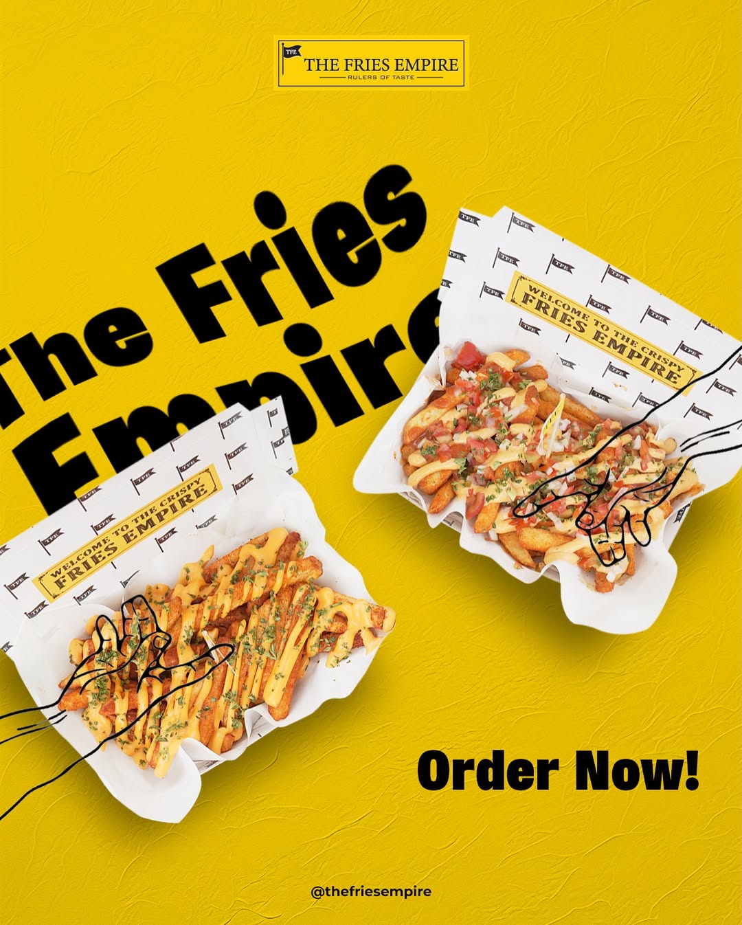The Fries Empire — two baskets of loaded Belgian fries, order now