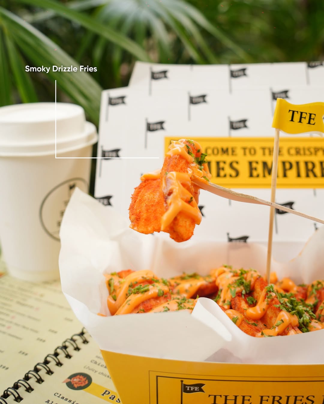 Smoky Drizzle Fries in a TFE box, drizzled with smoky sauce