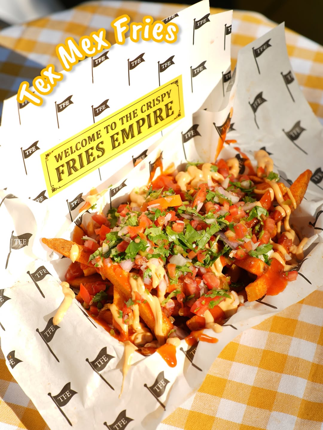 Tex Mex Fries topped with fresh salsa and drizzle