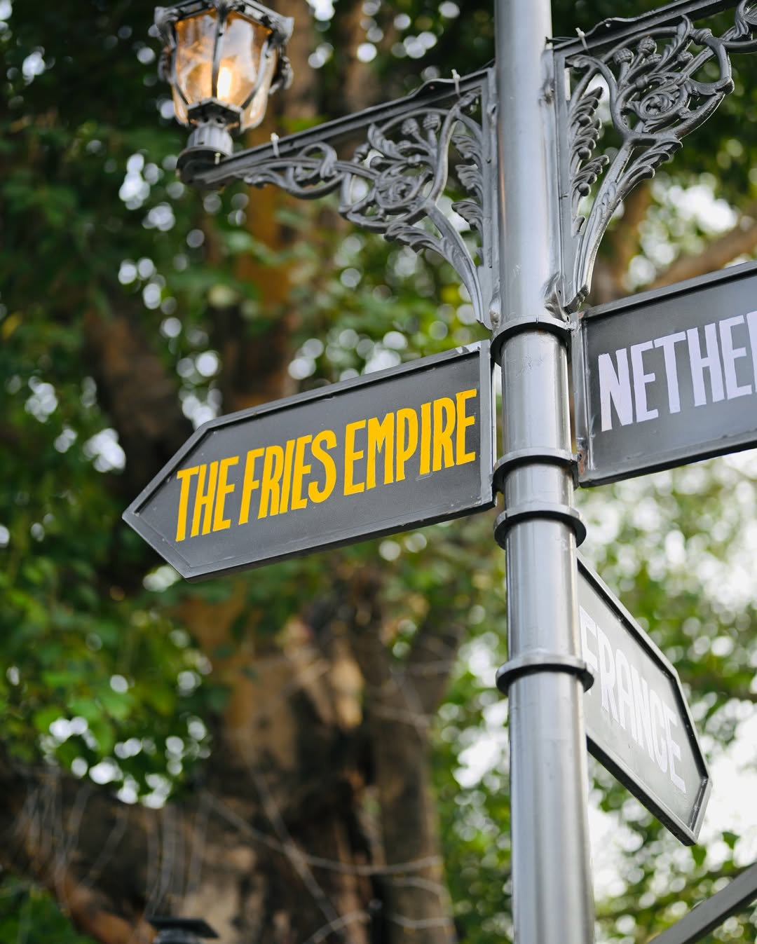 A regal cast-iron street sign pointing the way to The Fries Empire